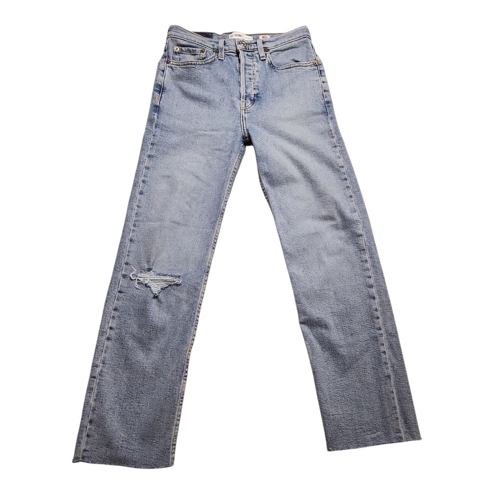 RE/DONE Originals Jeans Womens 25 Light Blue Distressed High Rise Straight Leg